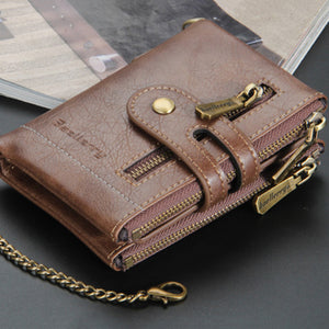 Portable Leather Double Zipper Short Wallet